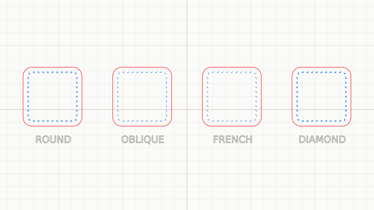 Four identical squares in Stitch Hero, each stitched with a different punch: round, oblique, French, and diamond