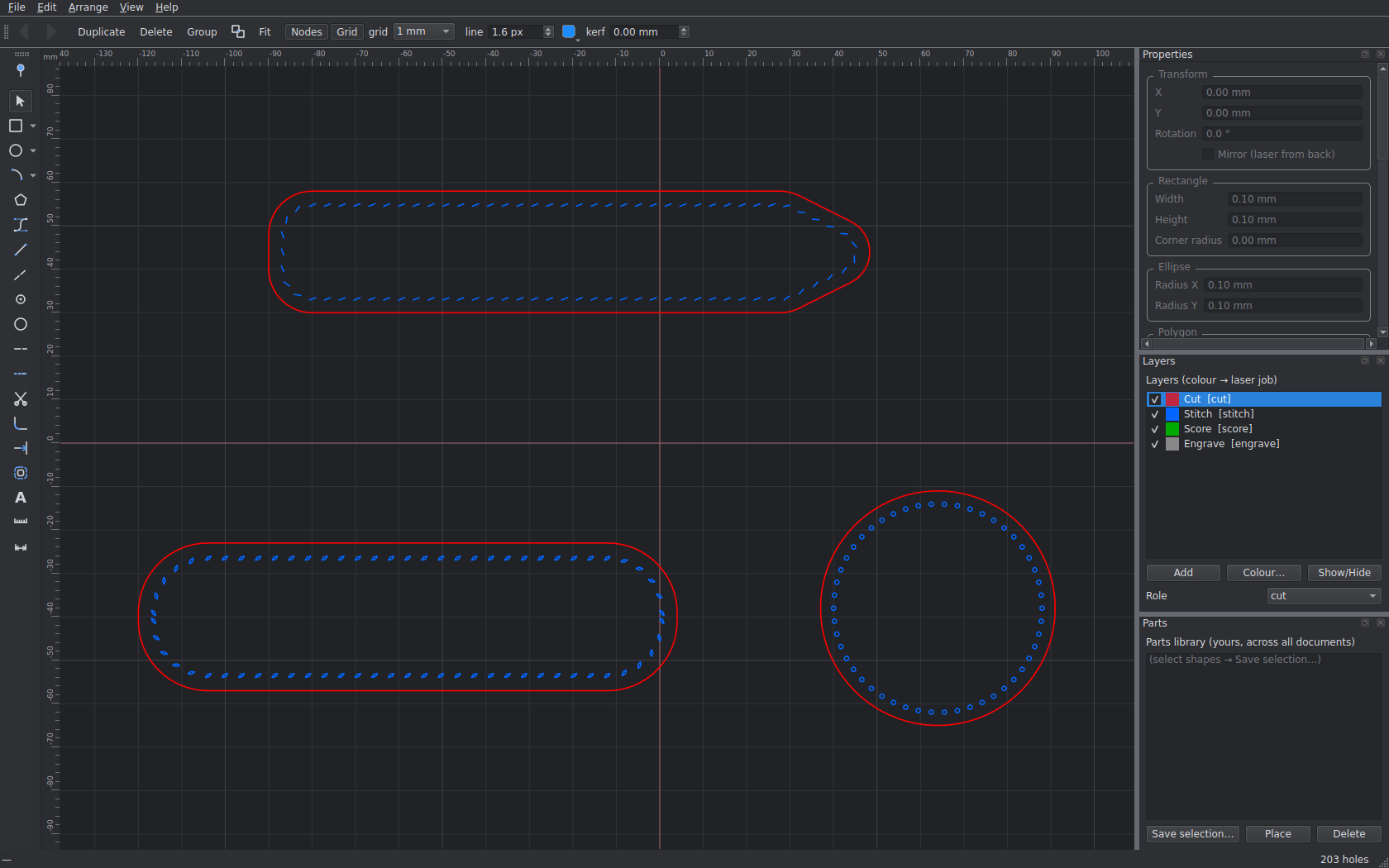 The Stitch Hero workspace in its built-in dark theme, showing a curved strap end, a diamond-stitched loop and a round-hole backer