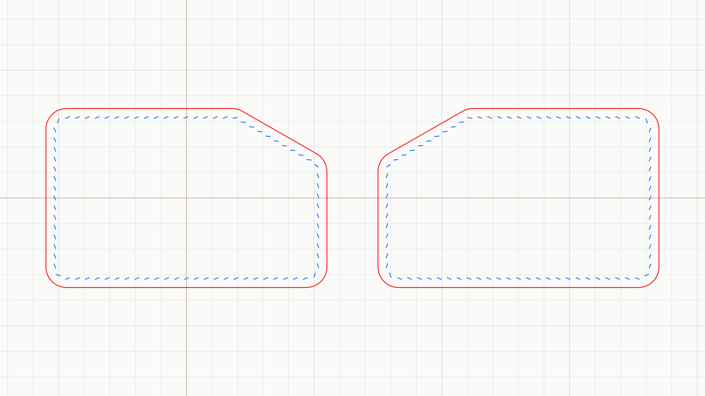 A panel and its mirror-image back piece in Stitch Hero, the angled outlines and stitch holes lining up hole-for-hole