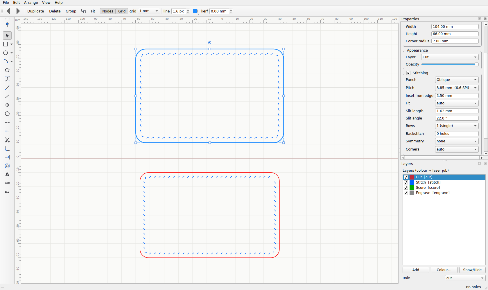 The Stitch Hero workspace with a panel selected and the Properties panel showing the Stitching group — punch style, pitch in mm and SPI, inset, slit length and angle, rows, backstitch, symmetry and corners — with two pieces on the canvas