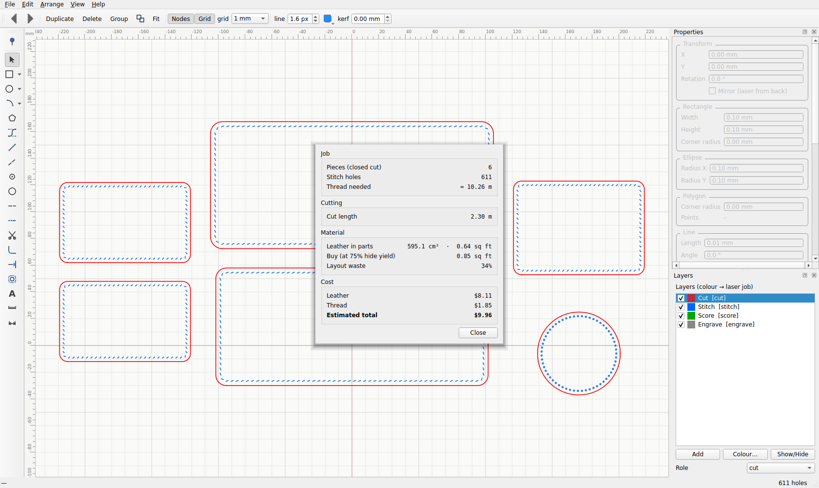 The Job estimate dialog in Stitch Hero over a six-piece wallet — pieces, stitch holes, thread length, cut length, leather used versus leather to buy with layout waste, and a leather-plus-thread cost totalling $9.96